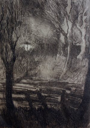 Frederika Broeksmit - ets: landweg bij avond met een lantaarn kopen? Bied vanaf 45!