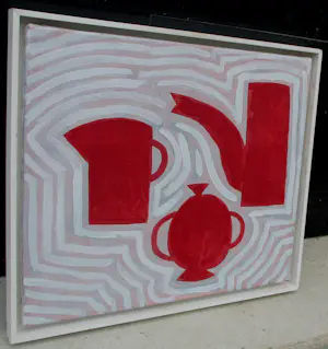 Klaas Gubbels - Ingelijste gemengde techniek op doek: Verschoven lijnen rood - 2004 kopen? Bied vanaf 2399!