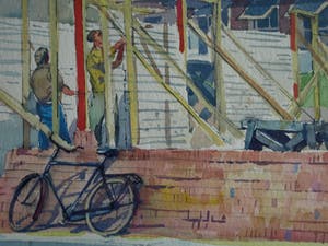 Klaas Pijlman - Ingelijste aquarel , “Huizen in aanbouw in Egmond aan Zee” – 1955 kopen? Bied vanaf 50!