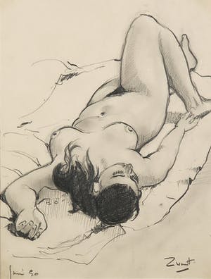 Arie Zwart - Potloodtekening, Liggend naakt - Ingelijst kopen? Bied vanaf 80!