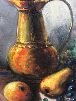 Jan Kelderman - Stilleven met een Kan en een Appel en een Peer en Druiven kopen? Bied vanaf 50!