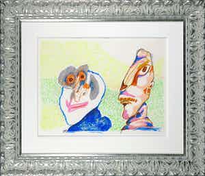 Lucebert - Vetkrijt op papier, Twee koppen - Ingelijst verkocht voor € 1!