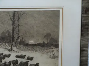 Sal Meijer - Ingelijste ets , Winterse wandeling met schapen in Laren (NH) kopen? Bied vanaf 60!