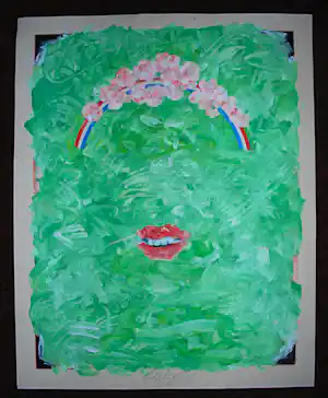 Henk Huig - grote gouache: zonder titel: rode lippen onder een bloesemboog kopen? Bied vanaf 125!