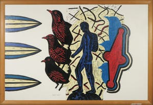 Hans Wap - Linosnede en pastelkrijt op papier, Birdman - Ingelijst kopen? Bied vanaf 100!