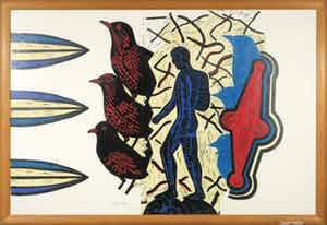 Hans Wap - Linosnede en pastelkrijt op papier, Birdman - Ingelijst verkocht voor € 100!