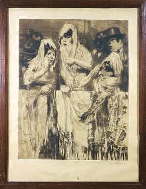 Piet van der Hem - Ets en aquatint, Geschrokken toeschouwers - Ingelijst verkocht voor € 100!