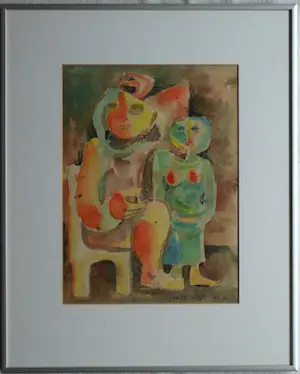 Niet of onleesbaar gesigneerd - Ingelijste aquarel & inkt , Man en Vrouw – gesigneerd – Lijst, 44 x 35 cm. kopen? Bied vanaf 1!