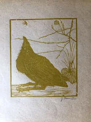 Jan Mankes - Houtsnede kleine kraai kijkend naar mugje - Gesigneerd - 1918 verkocht voor € 395!