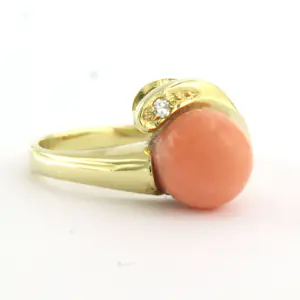 14k geel gouden ring met koraal en single cut geslepen diamant tot. 0.02ct kopen? Bied vanaf 290!