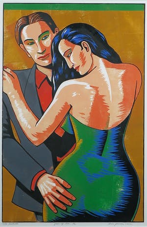 Leon Janssen - Houtsnede, Paar op Oker, Ingelijst kopen? Bied vanaf 50!