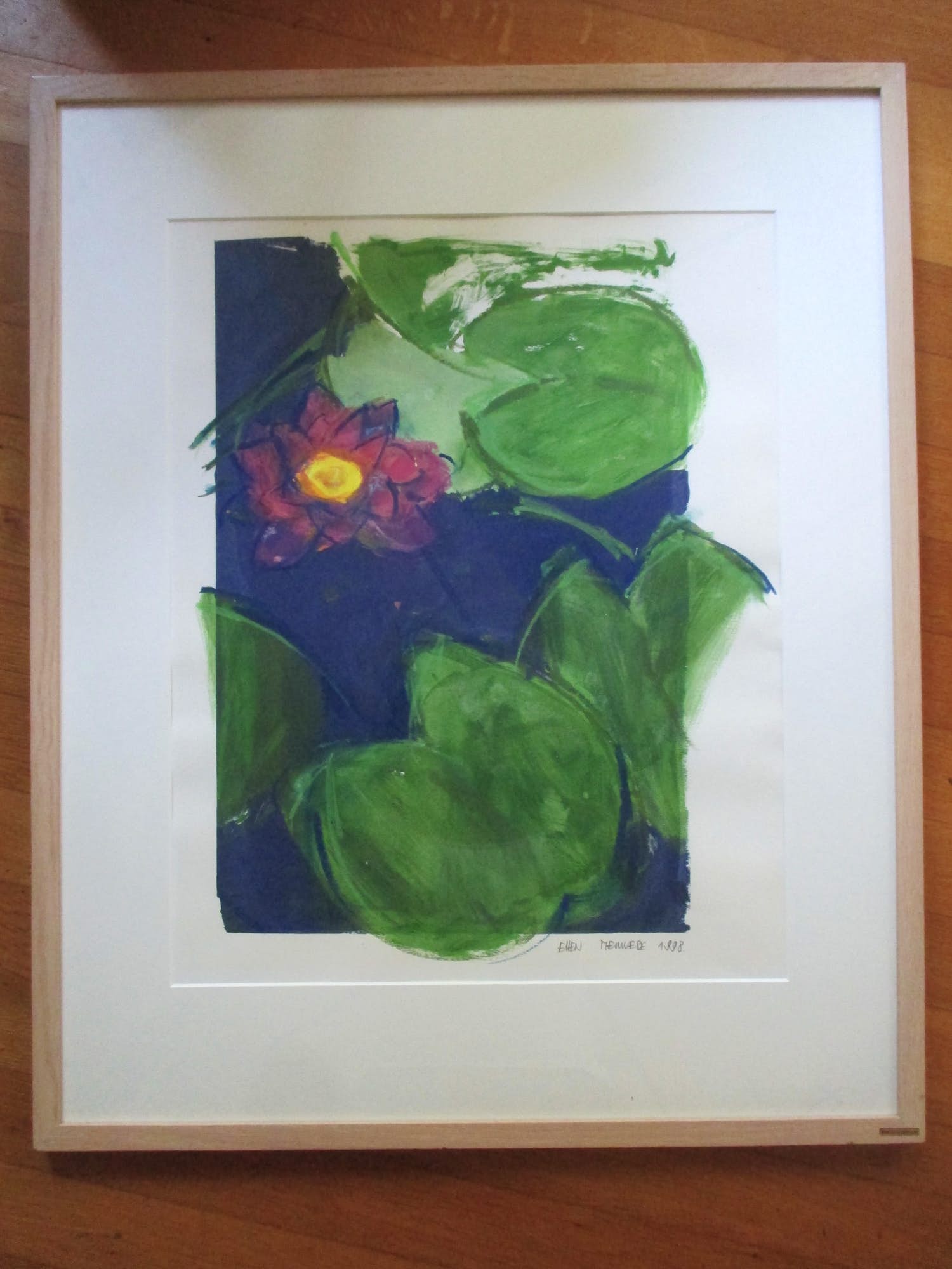 Ellen Meuwese - Monoprint "Waterlelie" in fraaie Barth lijst! verkocht voor € 1!