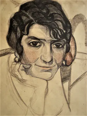 Arjen Galema - Vroege (omstreeks 1920) gemaakt Houtskool portret jonge vrouw - mooi ingelijst kopen? Bied vanaf 49!