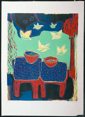 Diana van Hal - Lot van twee linosnedes, De Val en Rode Schalen kopen? Bied vanaf 35!