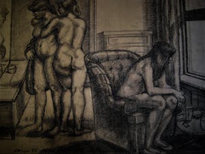Niet of onleesbaar gesigneerd - Grote Amerikaanse Houtskooltekening "Prostituees" gesigneerd Philip kopen? Bied vanaf 10!