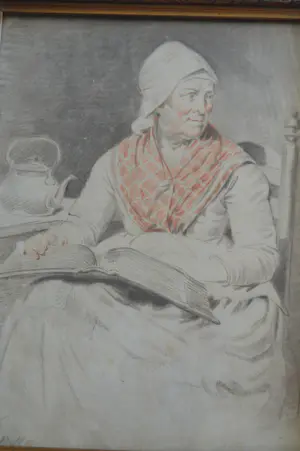 Lambertus Johannes Hansen - Vrouw leest boek. Tekening potlood / krijt kopen? Bied vanaf 35!