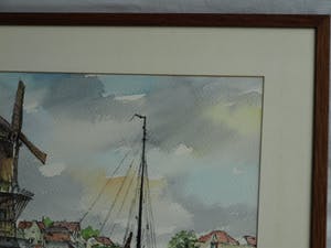 Niet of onleesbaar gesigneerd - Gesigneerd “Belleke ?” , Aquarel - “Molen aan de haven” – ingelijst kopen? Bied vanaf 10!