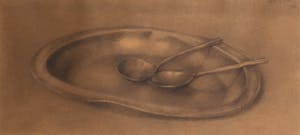 Jan Pennings - Potlood op papier, Stilleven met bord en lepels - Ingelijst kopen? Bied vanaf 40!