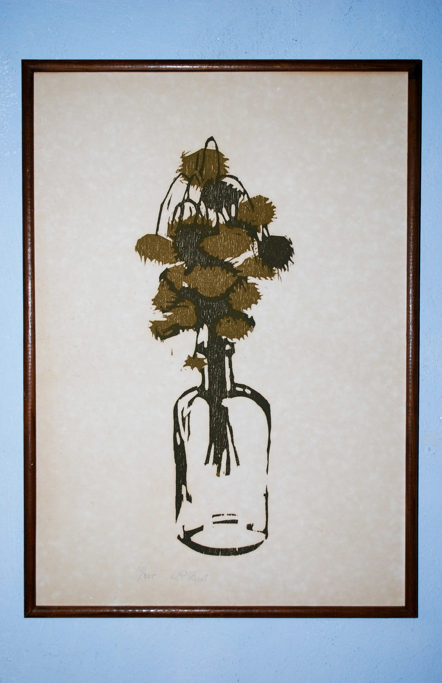 Hubert P. Sluis - Glazen fles met bloemen - houtsnede verkocht voor € 40!