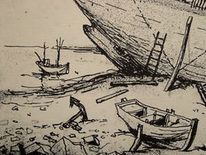 Henk Munnik - Nieuwe Haagse School -Ets - Aangespoelde vissersboot - gesigneerd kopen? Bied vanaf 1!