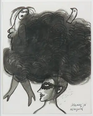 Corneille - Inkttekening, New York / Struisvogel - Ingelijst kopen? Bied vanaf 1400!