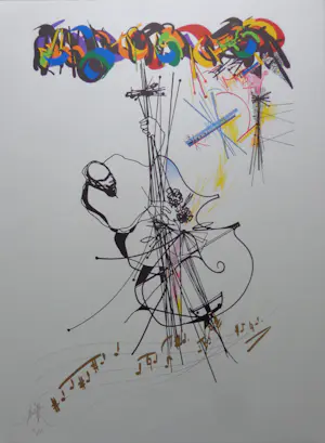 Raymond Moretti - CONTRABAS MUZIKANT / KLEURLITHO / 76x56cm / SIG kopen? Bied vanaf 45!