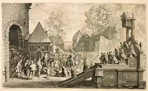 Theodoor van Thulden - Gravure, Aankomst binnen de stad; intocht van Ferdinand te Antwerpen vendu pour 80€ !
