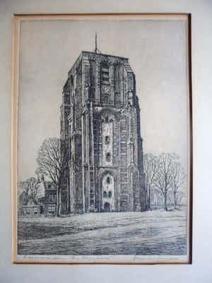Marius Johannes Janssen - Ets met de Oldehove te Leeuwarden. verkocht voor € 35!