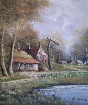 Niet of onleesbaar gesigneerd - Landschap: Dorpje aan het water - Handgesigneerd - 20e eeuw kopen? Bied vanaf 1!