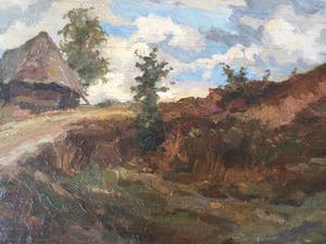 Leonard Pieter Versteeg - olieverf op triplex - huisje op de heide kopen? Bied vanaf 1!