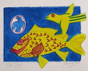 Corneille - Handgekleurde aquagravure op geschept papier, Poisson et l'oiseaux kopen? Bied vanaf 350!