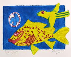 Corneille - Handgekleurde aquagravure op geschept papier, Poisson et l'oiseaux verkocht voor € 350!