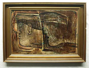 Frits van Eeden - Olieverf en stift op paneel, Twee gezichten – 1974 – Lijst, 49½ x 67½ cm. kopen? Bied vanaf 125!