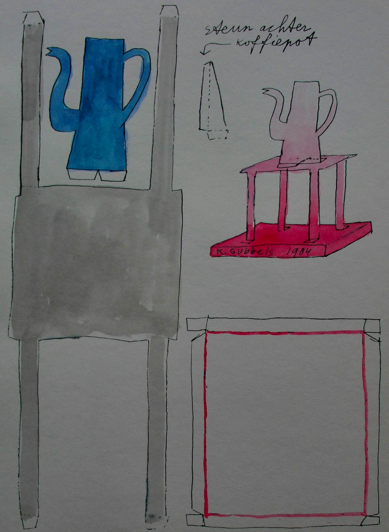 Klaas Gubbels - litho met aquarel: "bouwplaat" - 1984 kopen? Bied vanaf 295!