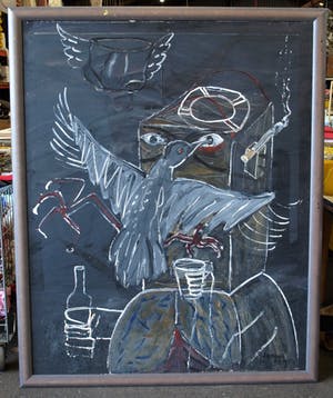 Hannes van Es - Zeer groot ingelijst schilderij (162 x 130 cm), “Zwarte vogel” – 1984 kopen? Bied vanaf 300!