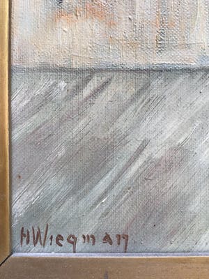 H. Wiegman - Olieverf schilderij roze plant in pot, gelijst en gesigneerd kopen? Bied vanaf 45!