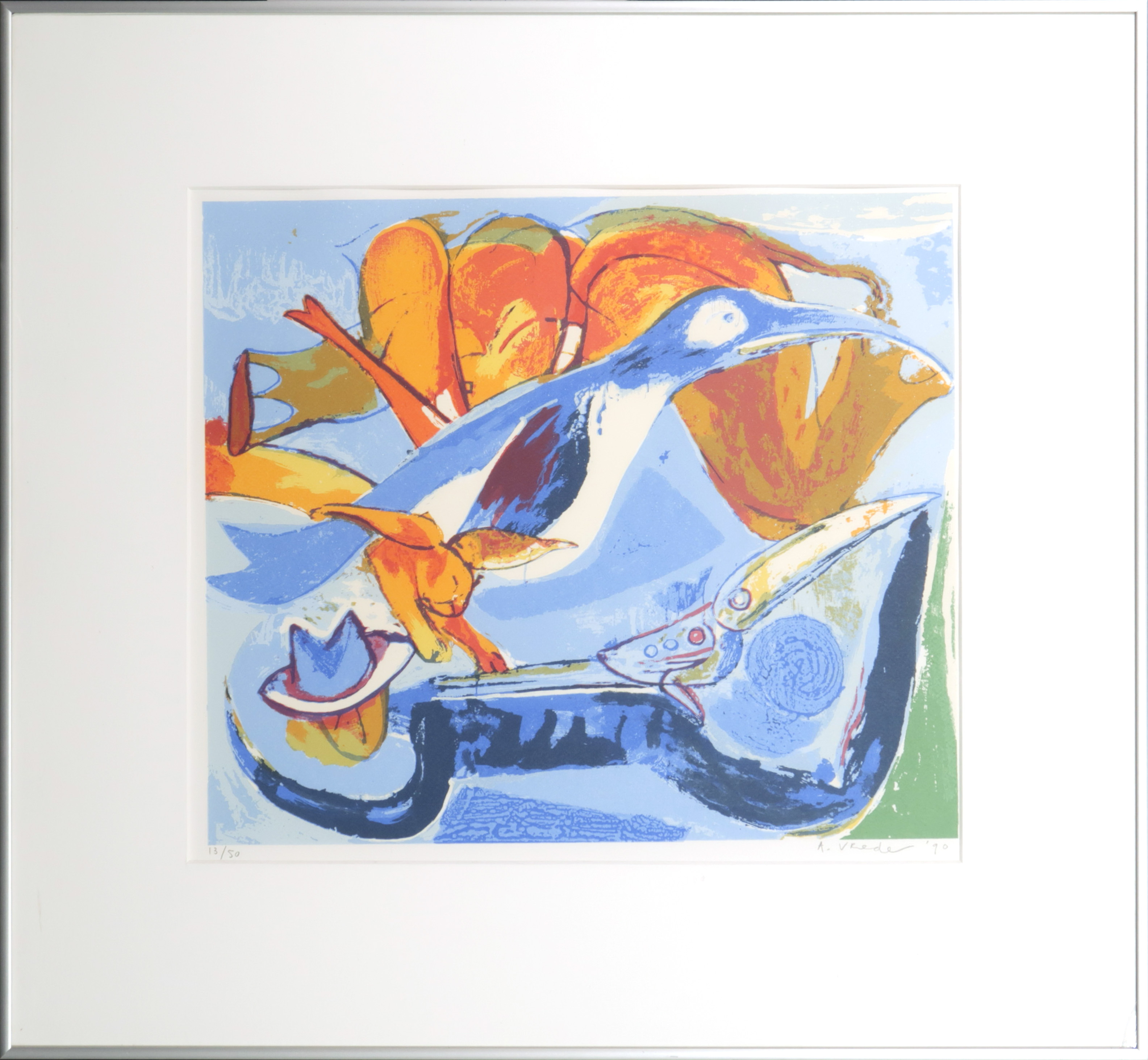 Anton Vrede - Kleurenlitho, Pinguin en konijn, Ingelijst kopen? Bied vanaf 35!