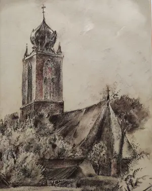 Germ de Jong - Gezicht op de kerk van Deinum (Friesland) kopen? Bied vanaf 140!