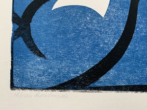 Leon Janssen - Houtsnede in zwart en blauw | 'Nachtwind' | 1987 kopen? Bied vanaf 120!