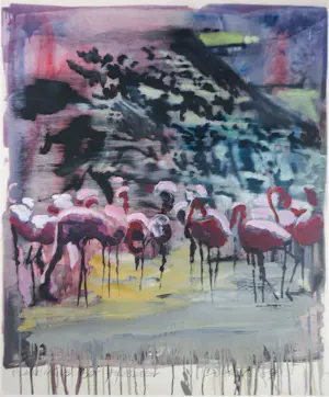 Hardy Döhrn - Acryl op papier, Flamingos bei Erdbeben - Ingelijst kaufen? Bieten Sie von 100!