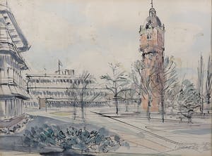 Niet of onleesbaar gesigneerd - Aquarel, Hoofdkantoor GEB - Ingelijst kopen? Bied vanaf 1!