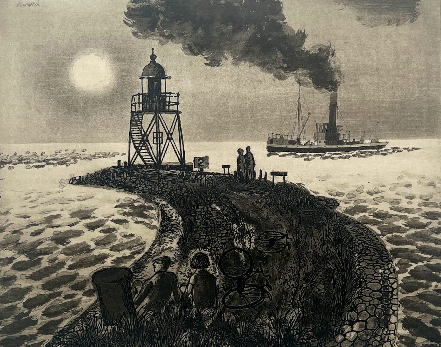 Herman Berserik - handgesigneerde ets | 'Op de pier' | 1961 verkocht voor € 80!