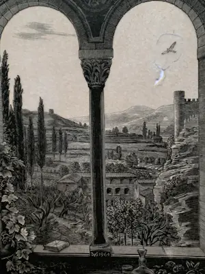 Dirk van Gelder - Houtgravure Loggia met uitzicht op Italiaans Landschap kopen? Bied vanaf 40!