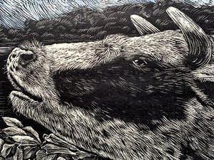Arja van den Berg - linosnede - 'Koe in landschap' - 1992 kopen? Bied vanaf 80!