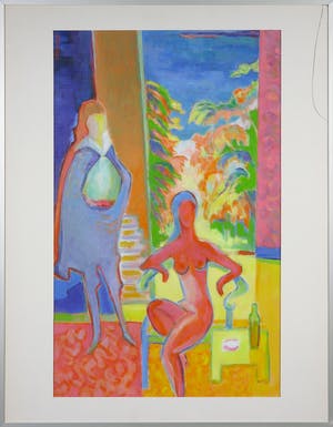 Joe Wols - Acryl op papier, Twee figuren in een interieur - Ingelijst kopen? Bied vanaf 1!