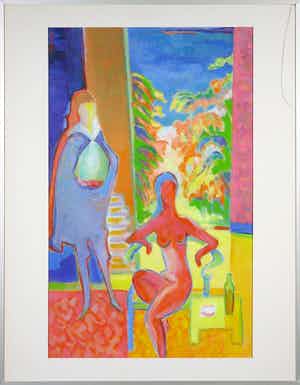 Joe Wols - Acryl op papier, Twee figuren in een interieur - Ingelijst verkocht voor € 1!