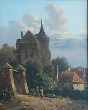 Adrianus Eversen - Hollands straatgezicht met personen bij een stadspoort kopen? Bied vanaf 3250!