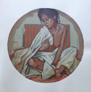 Nico Vrielink - HALFNAAKTE ZITTENDE VROUW / KLEURZEEFDRUK / 62x61cm / SIG kopen? Bied vanaf 45!