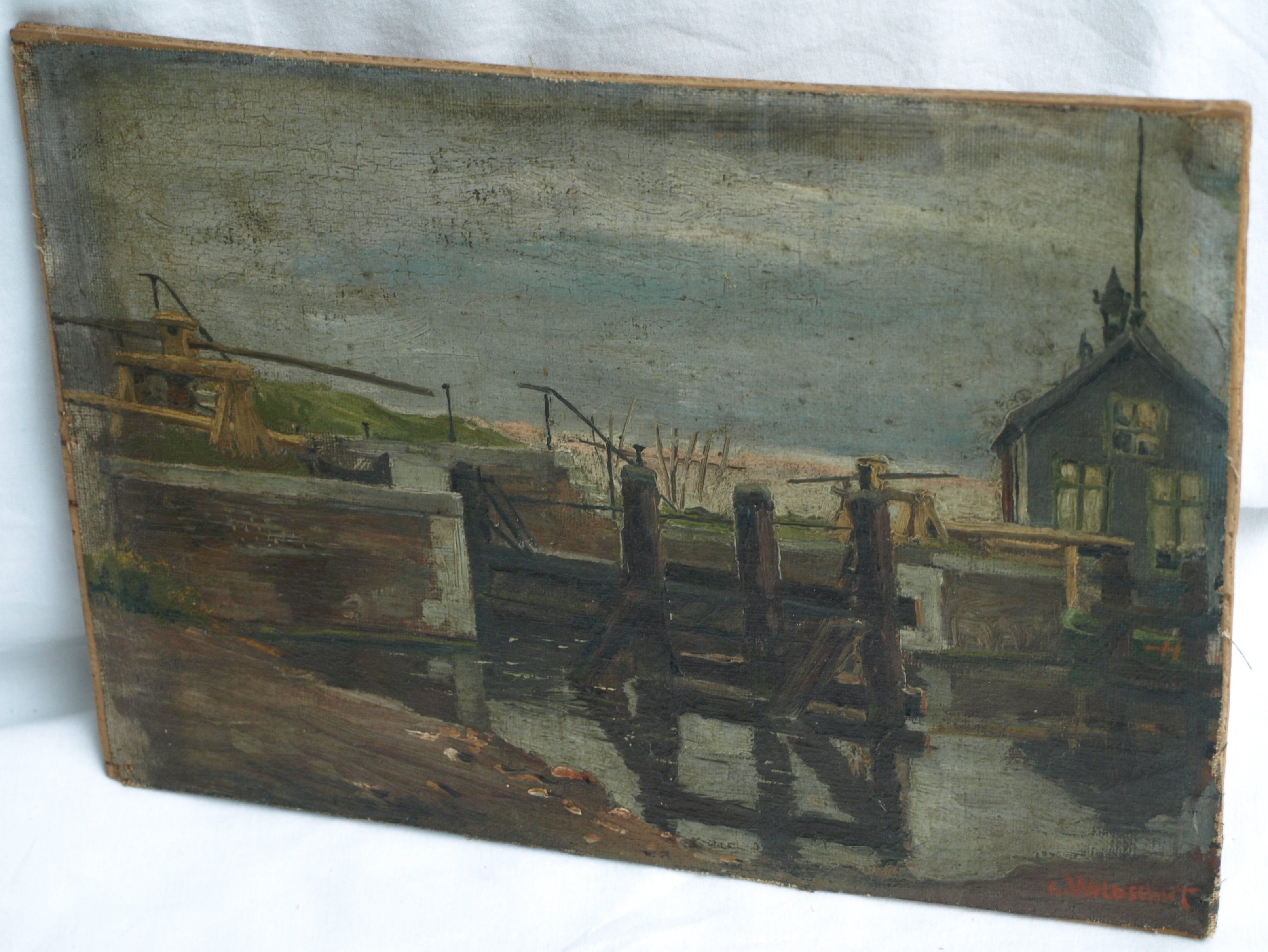 George Wildschut - Olieverf op doek op paneel (Marouflé) – Huisje aan de sluis – ingelijst –ca 1935 kopen? Bied vanaf 75!