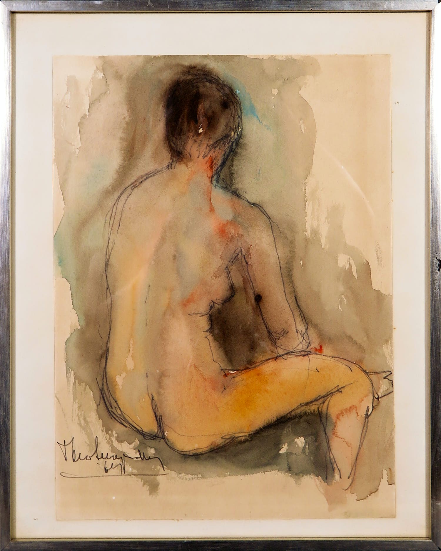 Theo Swagemakers - Aquarel/pentekening, Zittend naakt - Ingelijst kopen? Bied vanaf 1!